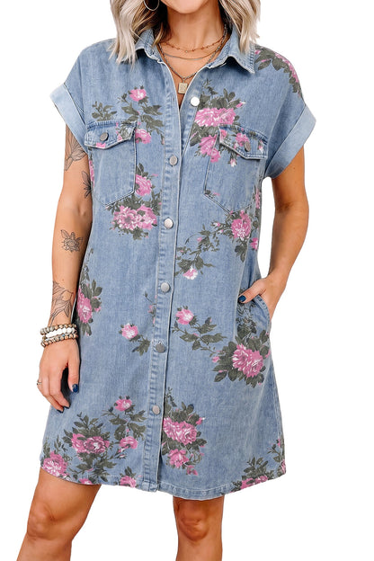 Hazel Blues® |  Sky Blue Denim Floral Print Cuffed Short Sleeve Button Down Shift Dress