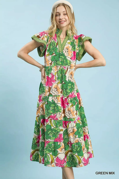 Hazel Blues® |  Umgee Mix Bold Floral Tiered Midi Dress