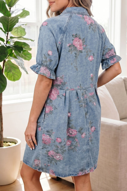 Hazel Blues® |  Sky Blue Floral Print Denim Short Sleeve Button Down Dress