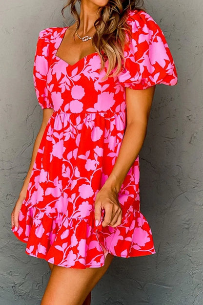 Hazel Blues® |  Floral Puff Sleeve Sweetheart Neck Ruffled Mini Dress