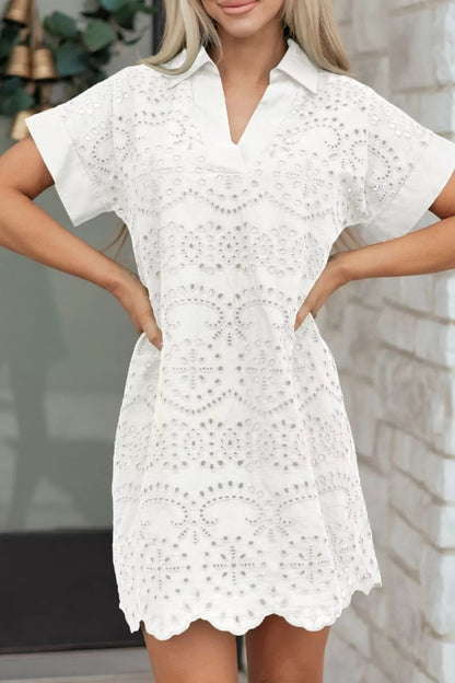 Hazel Blues® |  Solid Color Eyelet Embroidered T Shirt Mini Dress