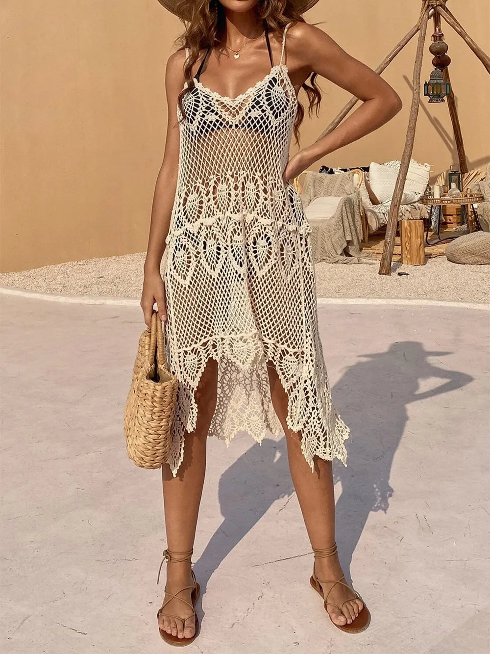 Hazel Blues® |  Openwork Scoop Neck Spaghetti Strap Cover-Up Dress