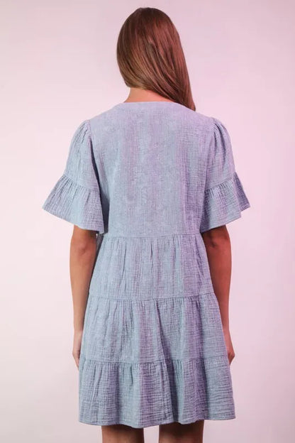Hazel Blues® |  VERY J Mineral Washed Baby Bell Sleeve Woven Mini Dress