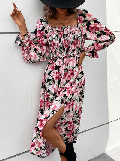 Hazel Blues® |  Slit Smocked Floral Flounce Sleeve Dress