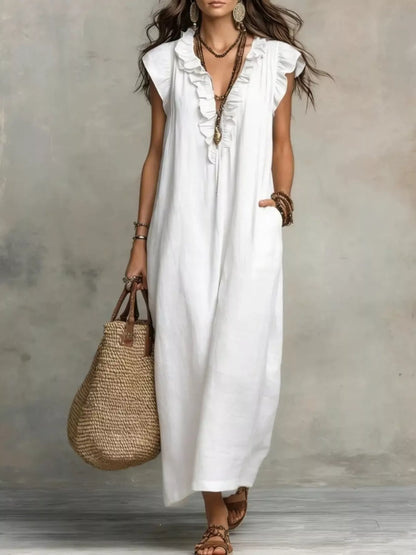 Hazel Blues® | Ruffled V-Neck Cap Sleeve Maxi Dress