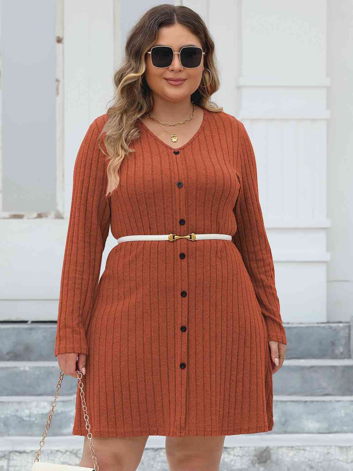 Hazel Blues® | Ribbed Buttoned V-Neck Long Sleeve Dress