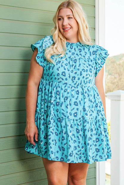 Hazel Blues® | Ruffled Leopard Cap Sleeve Mini Dress