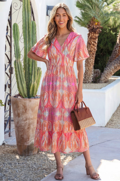 Hazel Blues® |  Multicolour Paisley Print V-Neck Short Sleeve Boho Maxi Dress with Ruffle Details