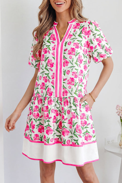 Hazel Blues® |  Multicolour Sweet Floral Print Striped Color Block Trim Short Dress