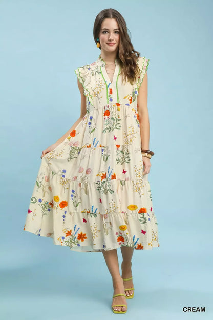 Hazel Blues® |  Umgee Floral Ruffle Tiered Midi Dress with Scalloped Detail