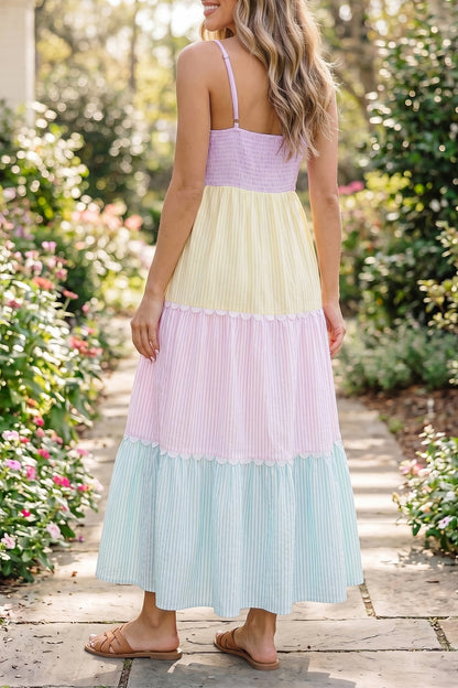 Hazel Blues® |  Multicolour Striped Colorblock Adjustable Strap Scalloped Detail Long Dress