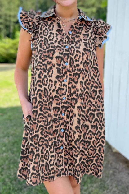 Hazel Blues® |  Leopard Print Lace Trim Shirt Collar Button Down Loose Mini Dress