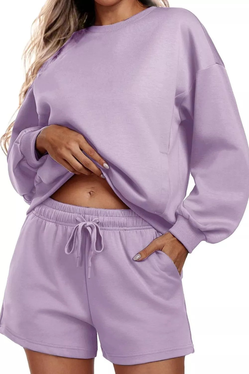 Hazel Blues® |  Round Neck Sweatshirt and Shorts Set