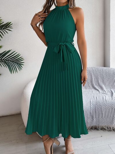 Hazel Blues® |  Grecian Neck Tie Waist Pleated Dress