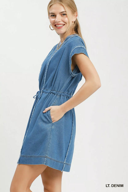 Hazel Blues® |  Umgee Drawstring Waist Frayed Denim Mini Dress