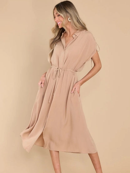 Hazel Blues® |  Drawstring Collared Neck Short Sleeve Midi Dress