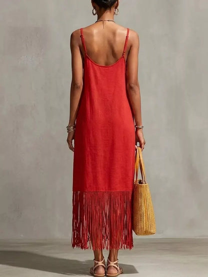 Hazel Blues® | Fringe V-Neck Spaghetti Strap Dress