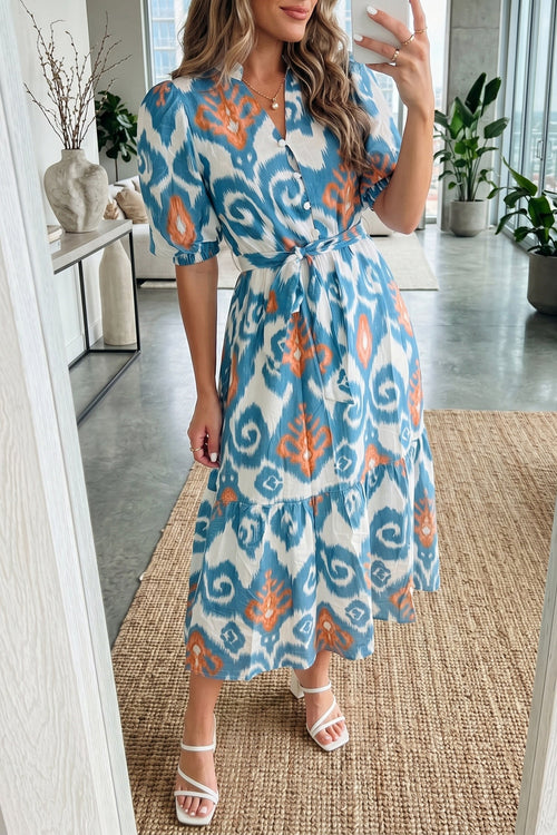 Hazel Blues® |  Sky Blue Boho Floral Print Short Puff Sleeve Button Down Ruffle Hem Midi Dress