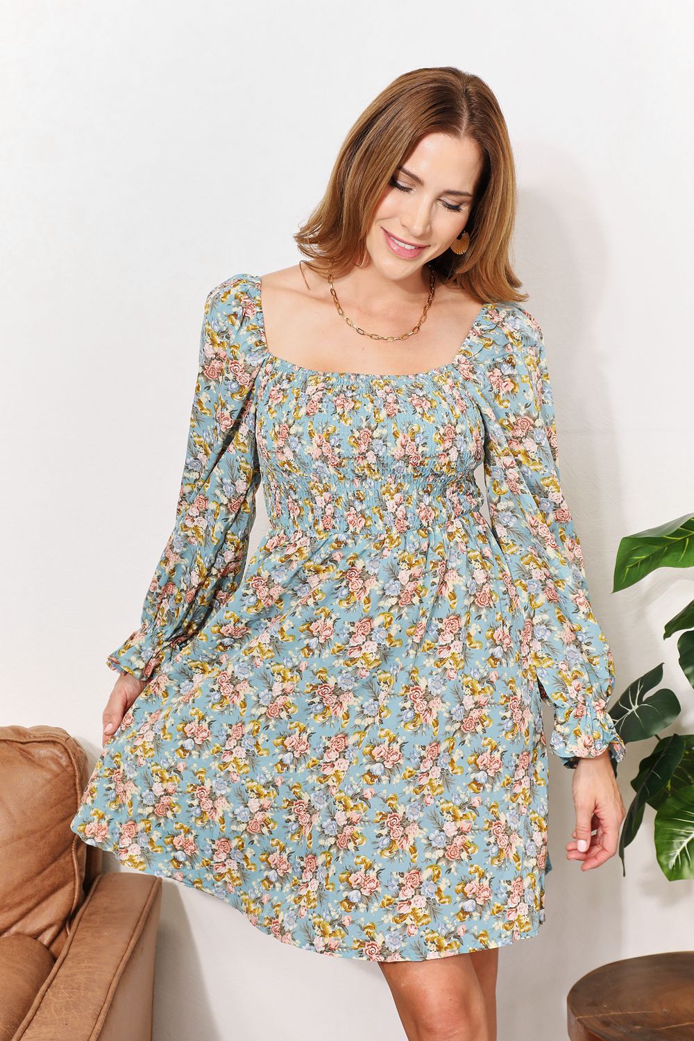Hazel Blues® |  Double Take Floral Smocked Flounce Sleeve Square Neck Dress