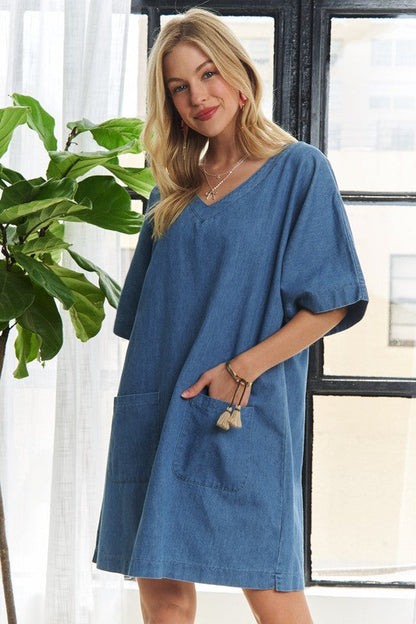 Hazel Blues® |  ADORA V-Neck Half Sleeve Mini Denim Dress