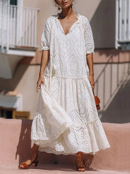 Hazel Blues® |  Tie Neck Half Sleeve Tiered Dress