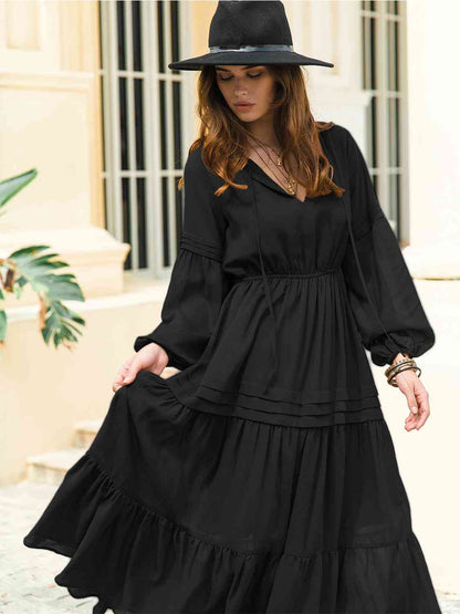 Hazel Blues® |  Tie Neck Long Sleeve Midi Tiered Dress
