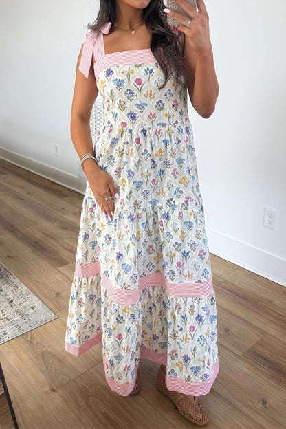 Hazel Blues® |  Multicolour Floral Print Striped Detail Knot Straps Maxi Dress