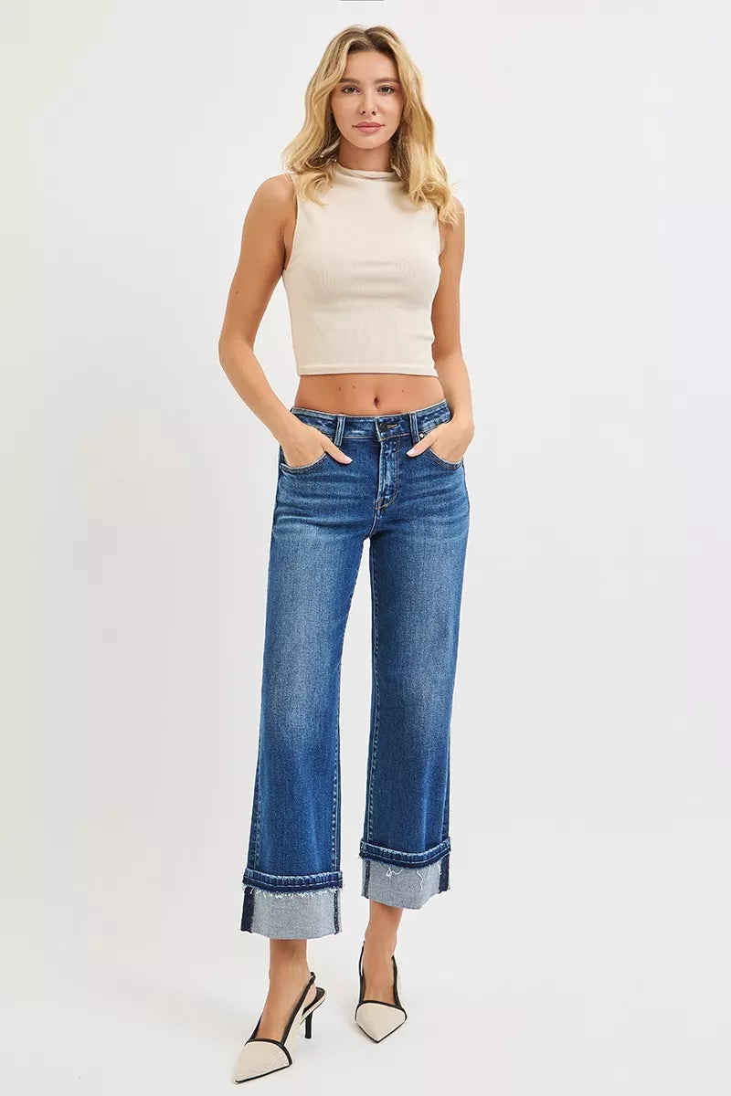 Hazel Blues® |  RISEN Mid Rise Ankle Straight Jeans with Cuffed Hem