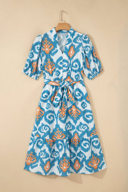 Hazel Blues® |  Sky Blue Boho Floral Print Short Puff Sleeve Button Down Ruffle Hem Midi Dress