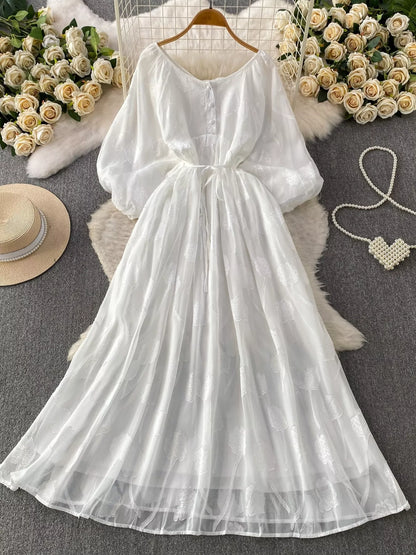 Hazel Blues® |  Button Front Puff Sleeve Chiffon Dress