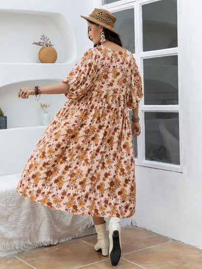 Hazel Blues® | Printed Tie Neck Half Sleeve Midi Dress