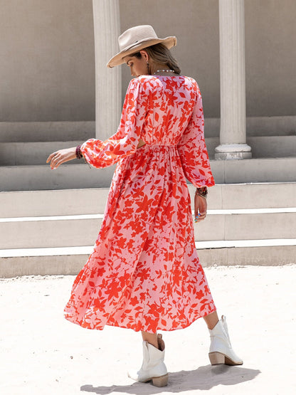 Hazel Blues® |  Tied Cutout Printed Long Sleeve Midi Dress