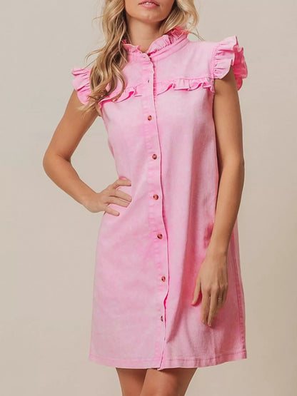 Hazel Blues® |  Ruffled Trim Button-Down Denim Dress