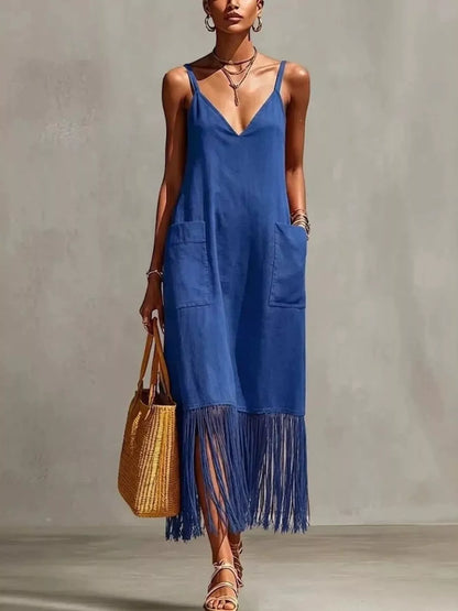 Hazel Blues® | Fringe V-Neck Spaghetti Strap Dress