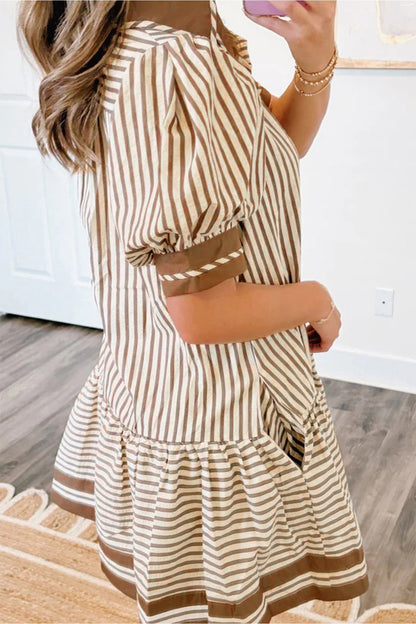 Hazel Blues® |  Brown Stripe Shirt Collar Color Block Patchwork Trim Ruffle Hem Short Dress