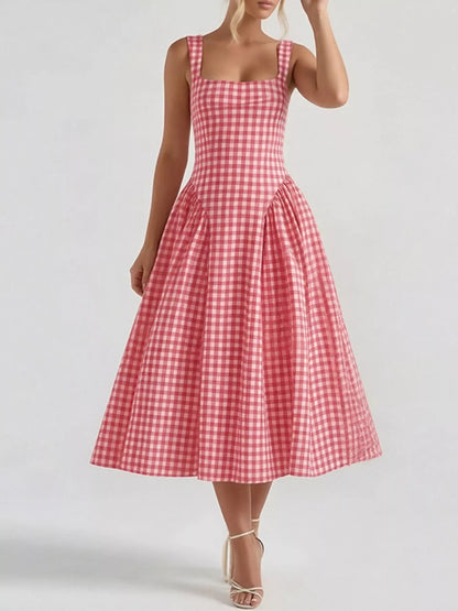 Hazel Blues® | Plaid Square Neckline Midi Dress
