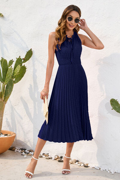 Hazel Blues® |  Swiss Dot Tie Neck Sleeveless Dress