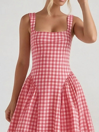 Hazel Blues® | Plaid Square Neckline Midi Dress