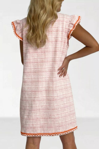 Hazel Blues® |  Jacquard Textured Contrast Trim Short Sleeve Tassel Tie Shift Dress