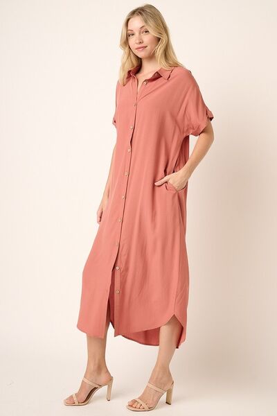 Hazel Blues® |  Mittoshop Collared Neck Dolman Short Sleeve Midi Shirt Dress