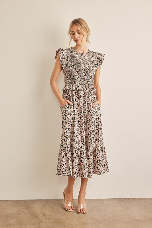 Hazel Blues® |  In February Floral Smocked Ruffled Midi Dress