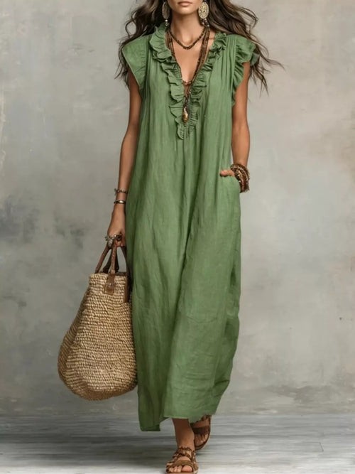 Hazel Blues® | Ruffled V-Neck Cap Sleeve Maxi Dress