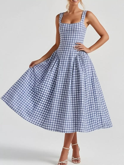 Hazel Blues® | Plaid Square Neckline Midi Dress