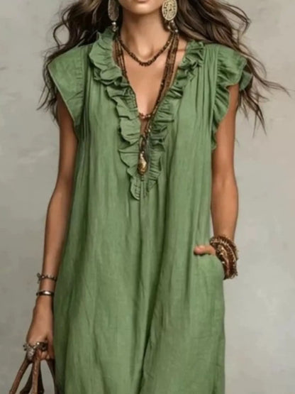 Hazel Blues® | Ruffled V-Neck Cap Sleeve Maxi Dress