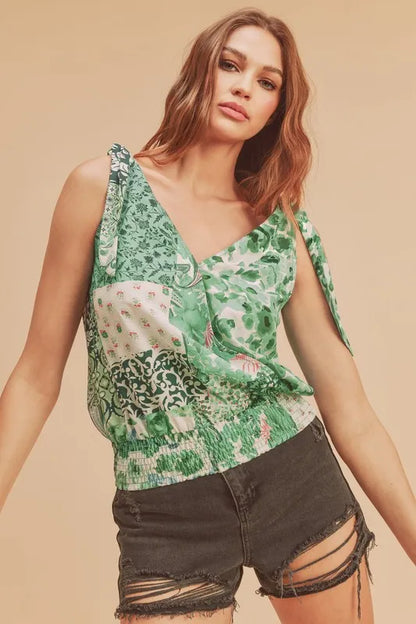 Hazel Blues® |  Aemi + Co Smocked Hem Printed Surplice Tank