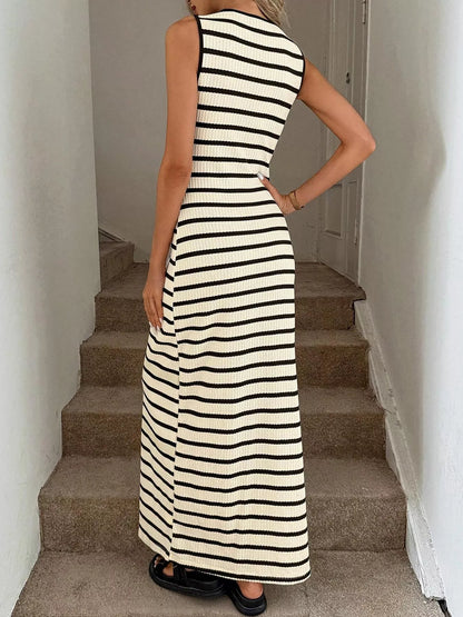 Hazel Blues® |  Striped Button-Front Sleeveless Slit Maxi Dress