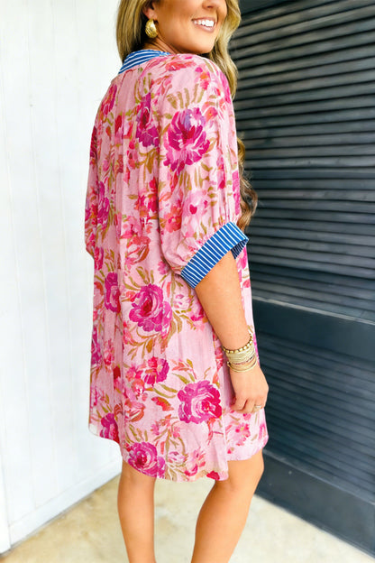 Hazel Blues® |  Multicolour Floral Striped Patchwork Trim Half Sleeve Mini Dress