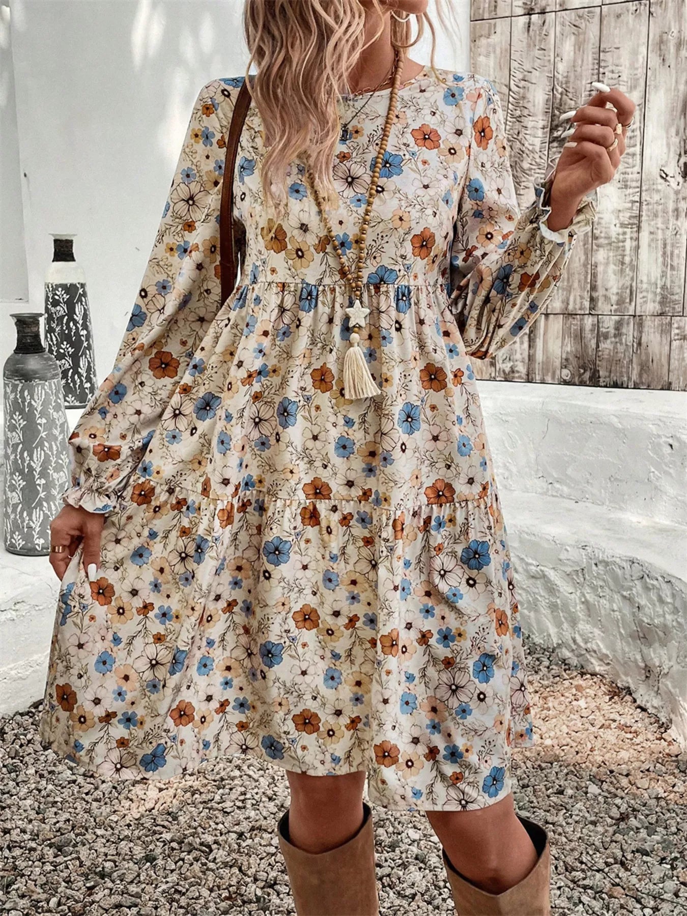 Hazel Blues® |  Floral Print Ruffle Hem Long Sleeve Casual Dress