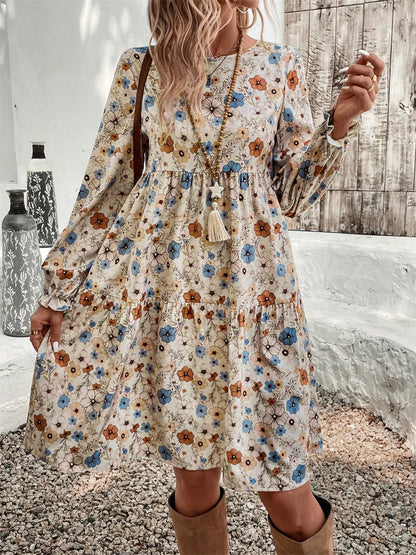 Hazel Blues® |  Floral Print Ruffle Hem Long Sleeve Casual Dress