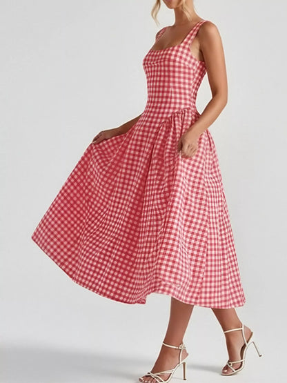 Hazel Blues® | Plaid Square Neckline Midi Dress